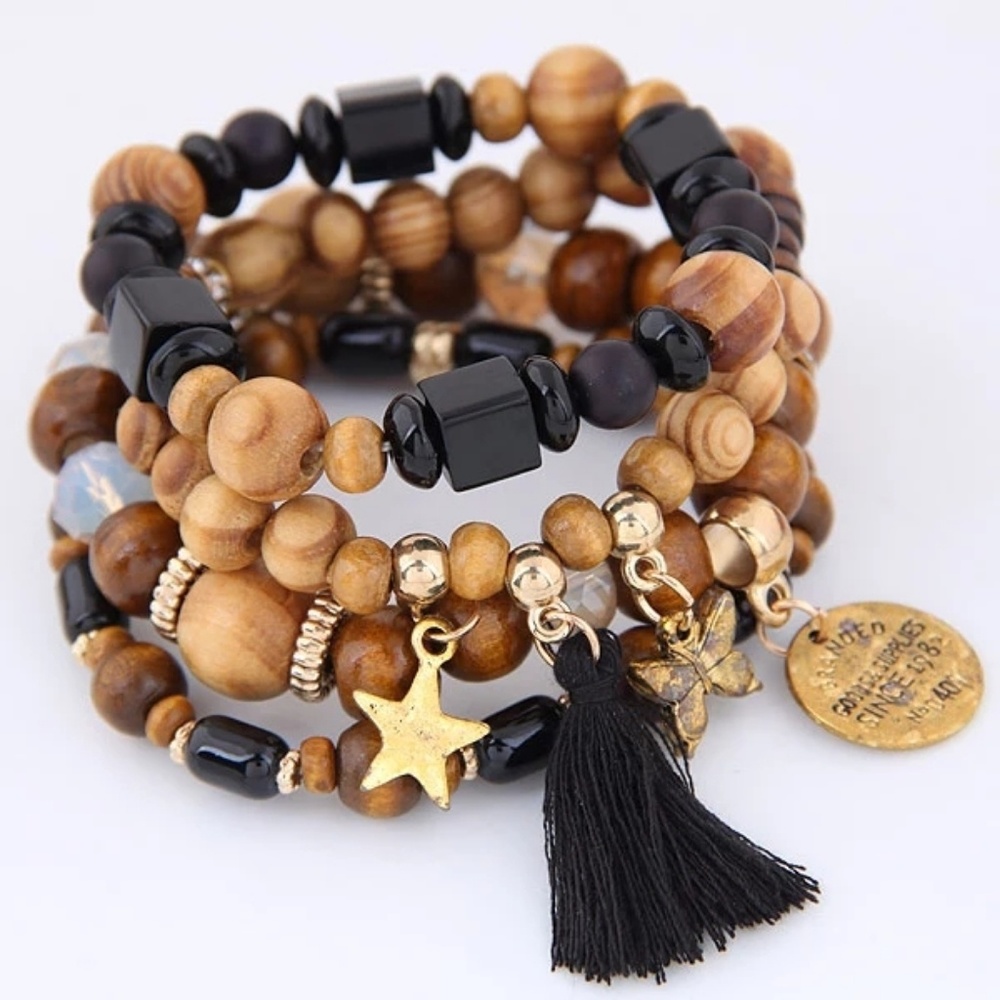 Boho Wooden Beads Layer Charm Bracelet